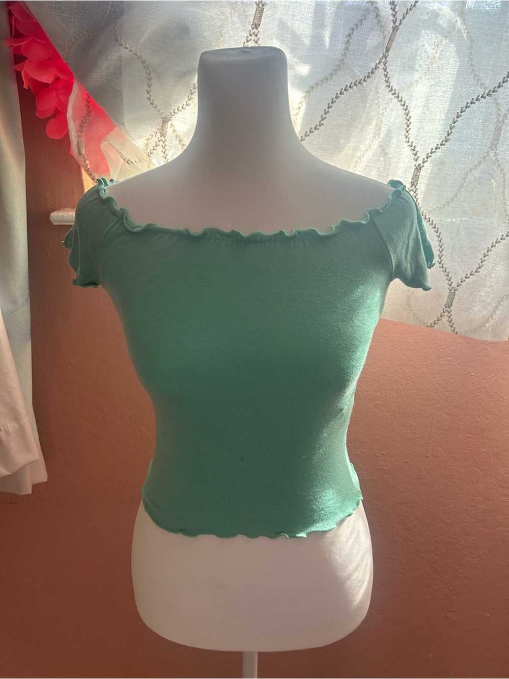 Forever 21 Mint Green Off‑Shoulder Ruffle Crop Top